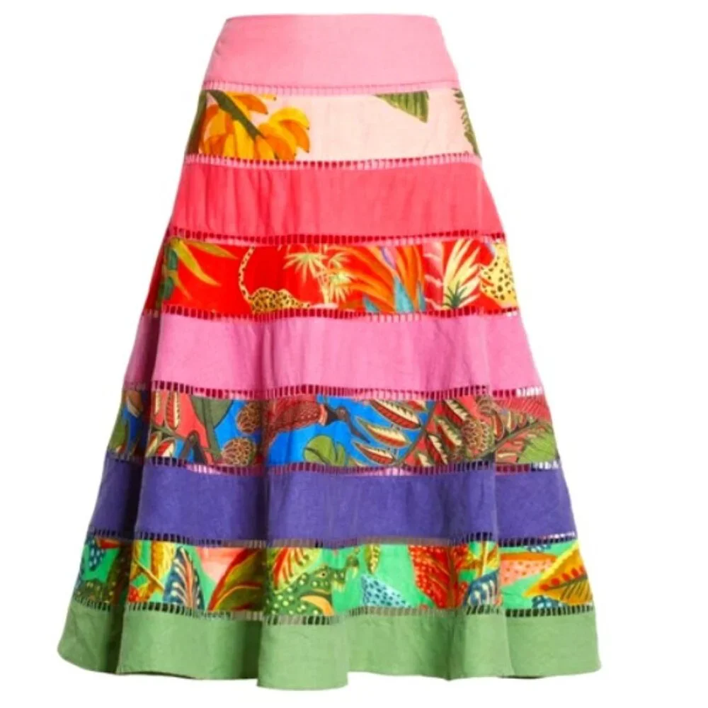 FARM Rio Rainbow Mixed Prints Tiered Midi Skirt Gypsy Bohemian - Picture 2 of 15